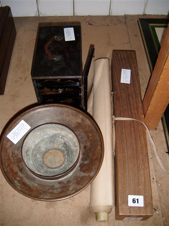 Japanese bronze bowl on stand, 2 scrolls & table top cabinet